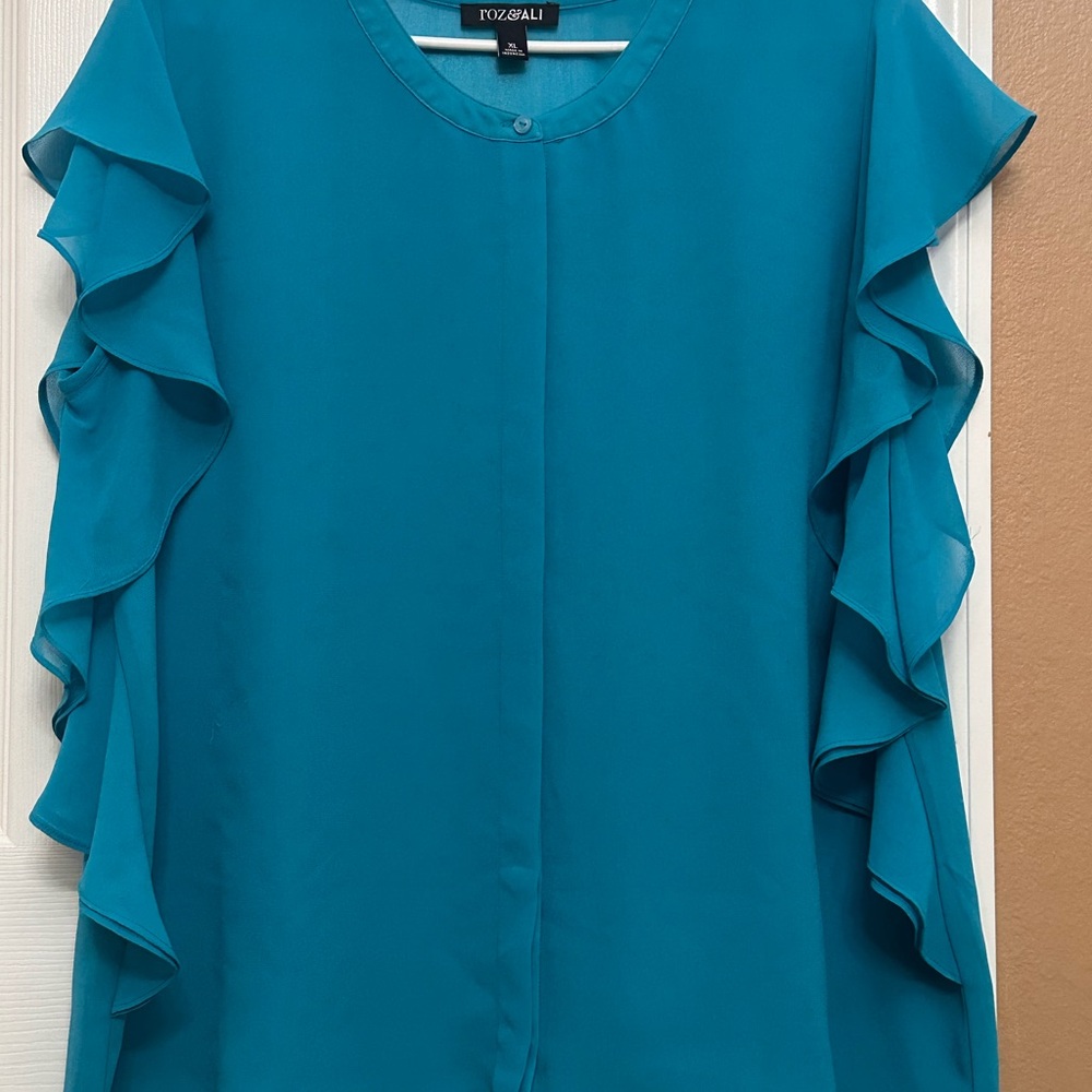 Roz & Ali Bright Teal Ruffle Sleeve Women's Top